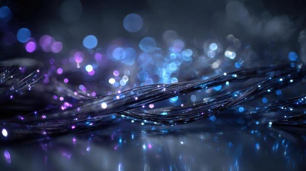 Fiber Optic Cables with Blue and Purple Bokeh Lights, Abstract Technology Background with Reflections photo
