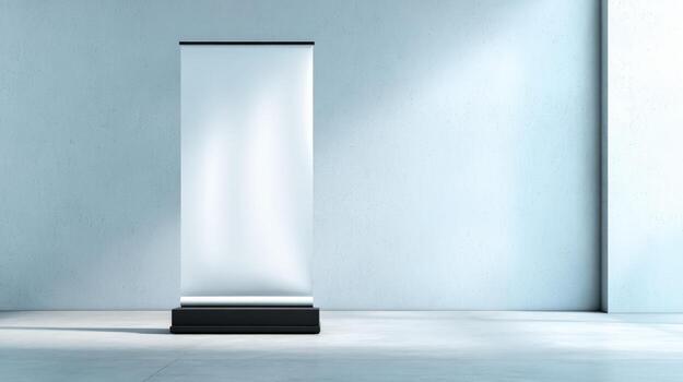 Blank Roll-Up Banner Stand Mockup Display in a Minimalist Interior Setting for Advertising and Promotion photo