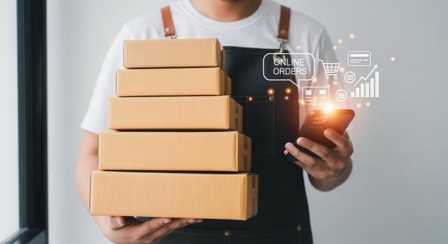 Online Order Delivery Man Holds Boxes and Phone Illustrating E-commerce and Shipping Solutions photo