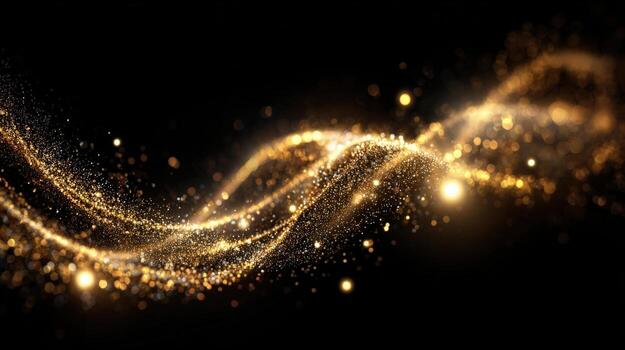 Abstract Golden Particle Wave on Black Background, Festive Glittering Stream for Luxury Design photo