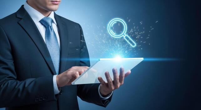 profesional hombre utilizando digital tableta para buscando, representando negocio soluciones y tecnología con resumen azul antecedentes foto