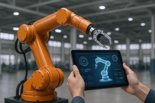 Industrial Robot Controlled Via Tablet High-Tech Manufacturing Solution for Increased Efficiency and Automation photo