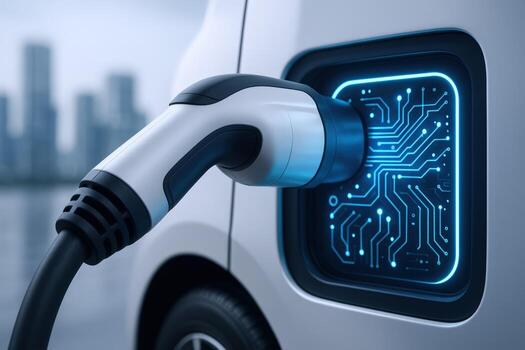 Electric Vehicle Charging with Digital Interface Displaying Circuit Board Pattern in Urban Setting photo