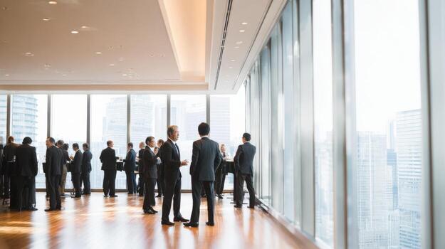 Business Professionals Networking at High-Rise Event with City Views, Discussing Strategy and Partnerships in Modern Office photo
