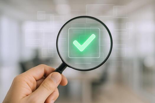 Magnifying Glass Examining Check Mark Quality Assurance, Verification, and Business Approval Concept photo