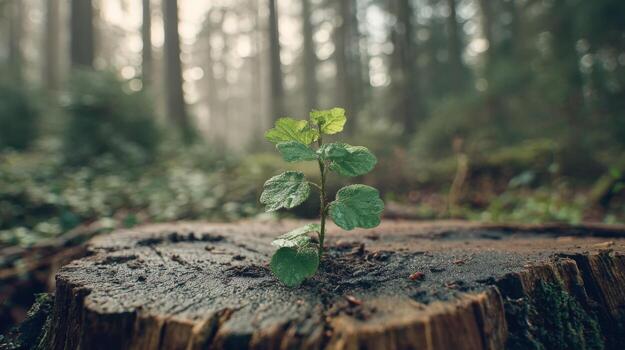 New Sprout Growing on Tree Stump in Forest Concept of Hope and Renewal photo