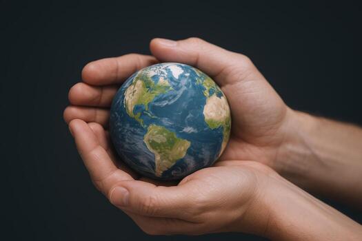 Protecting Our Planet Hands Cradling a Miniature Earth, Symbolizing Environmental Stewardship and Global Responsibility photo