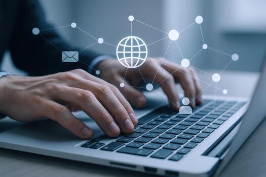 Hands Typing on Laptop with Digital Global Network Overlay, Representing Connectivity and Communication photo