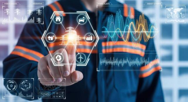Electrical Engineer Interacting with Futuristic Interface Displaying Energy Distribution and Smart Home Technology Solutions in Modern Grid photo