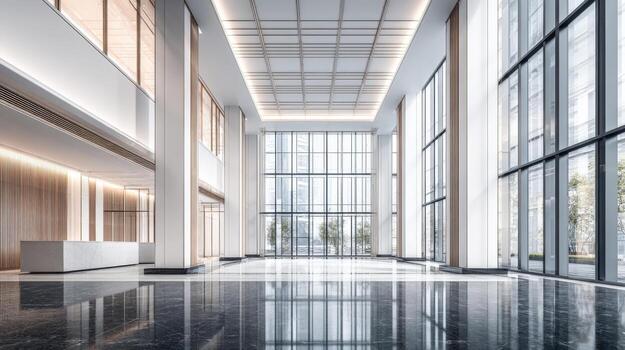 Modern Office Building Lobby Interior with Polished Floors, Tall Columns, and Expansive Window Views photo