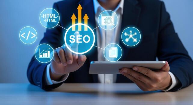 Man using digital tablet to improve SEO with data analysis and website optimization strategies for higher ranking photo