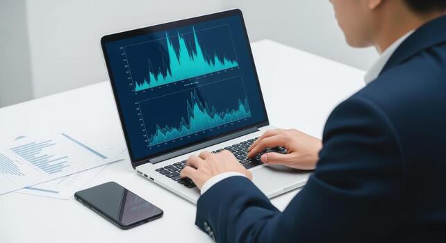 Financial Analyst Reviewing Stock Market Data on Laptop, Analyzing Charts and Trends for Investment Decisions photo