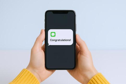 Close-up of Hands Holding Smartphone with Congratulations Text Message Displayed on Screen Over Blue Background photo