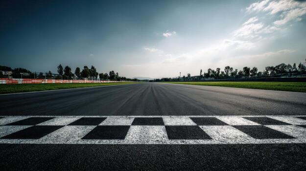 vacío asfalto carrera pista con a cuadros terminar línea debajo azul cielo para coche carreras foto
