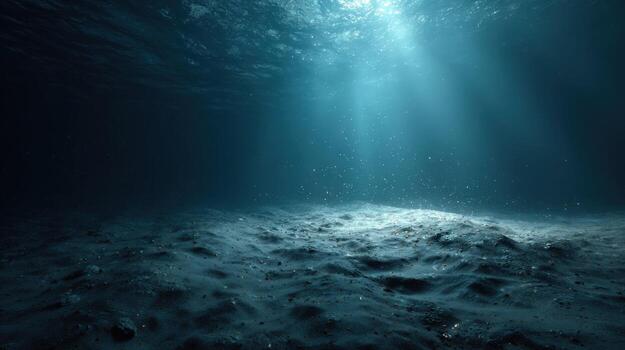 Underwater Scene with Sunlight Filtering Through Deep Ocean, Creating an Eerie and Mysterious Atmosphere photo