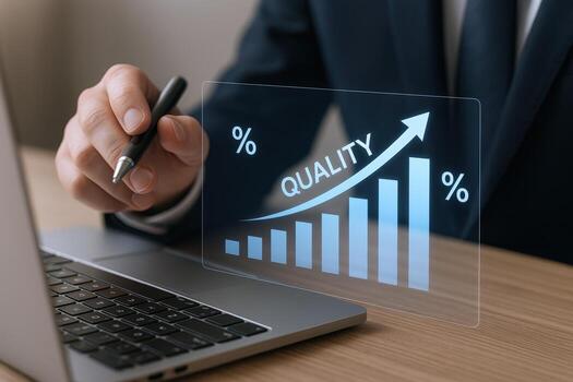 Quality Improvement Graph with Hand Holding Pen and Laptop Keyboard in Business Setting photo