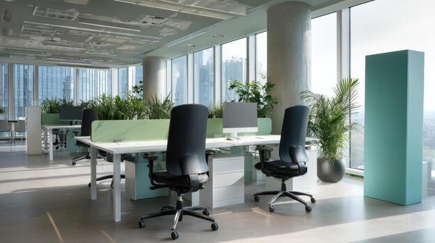 Modern Office Space with Desks, Chairs, Plants and Natural Light in a High-Rise Building photo