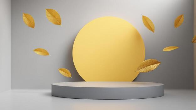 Minimalist Podium with Golden Leaves Abstract 3D Rendering for Product Presentation and Autumn Season Showcase photo