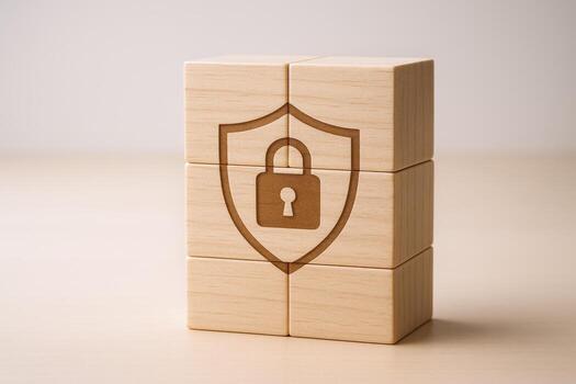 Wooden Blocks Stacked with Security Shield and Padlock Symbol Data Protection and Cyber Safety Concept photo