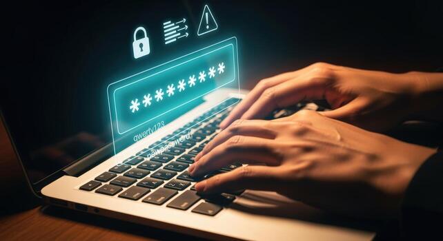 Entering Password on Laptop with Security Alert, Illustrating Cyber Security and Data Protection Measures photo