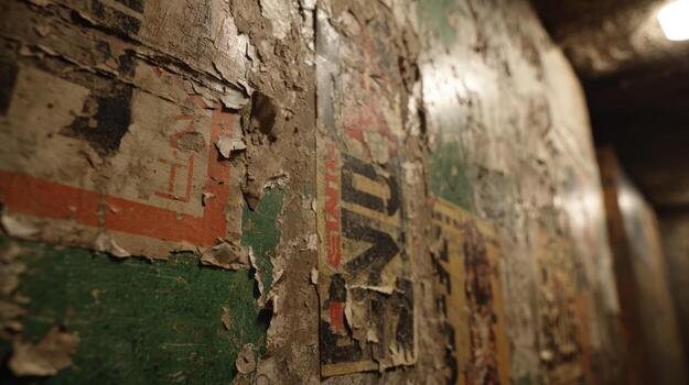 Grunge wall texture with distressed layers of paper and peeling paint, old weathered surface photo
