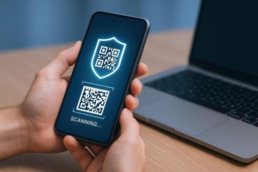 Scanning QR Code on Smartphone for Secure Verification and Authentication with Laptop Background photo