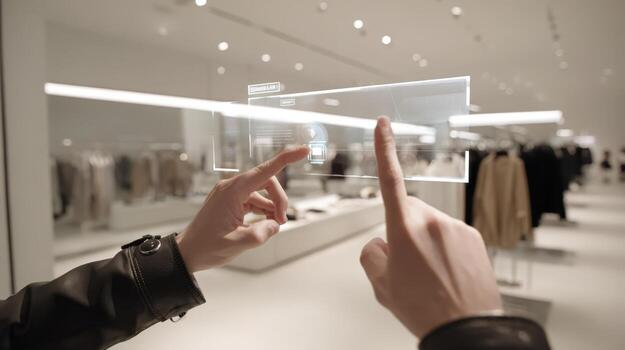 Interactive Shopping Experience Person Navigating Virtual Display in Clothing Store for Modern Retail photo