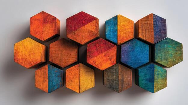 Colorful Hexagon Wooden Tiles Arranged on a White Background, Representing Geometry, Patterns, and Abstract Art photo