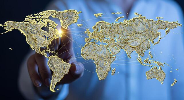 Global Network Connection Person Touching World Map Hologram, Illustrating International Business and Communication Technologies photo