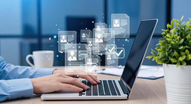 Human Resources Professional Analyzing Candidate Profiles on Laptop, Modern Office Setting, HR Technology and Recruitment Process photo