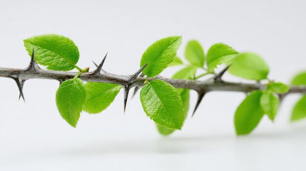 Thorny Branch with Fresh Green Leaves A Study in Contrast and Resilience, Perfect for Nature Concepts photo