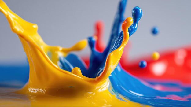 Vibrant Splash of Primary Colors Abstract Art Creation with Flowing Yellow, Blue, and Red Hues photo