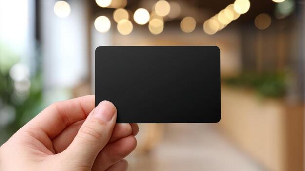 Hand Holding Blank Black Card Mockup Against Blurred Background for Design Presentation or Promotion photo
