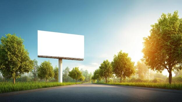 Billboard on Roadside Surrounded by Green Trees on a Sunny Day Mockup Template photo