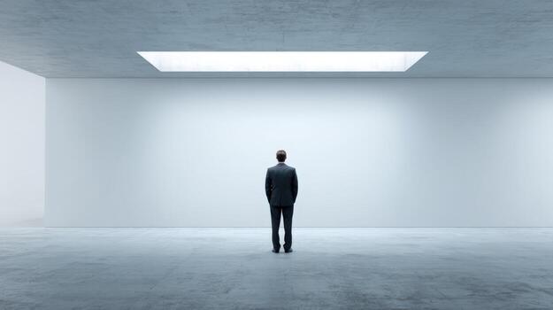 Pensive Businessman Standing in Minimalist Room, Facing Empty Wall, Contemplating Strategy and Future Opportunities photo