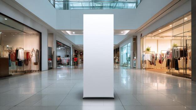 Blank White Roll Up Banner Stand Mockup in a Modern Shopping Mall Setting for Advertisement photo