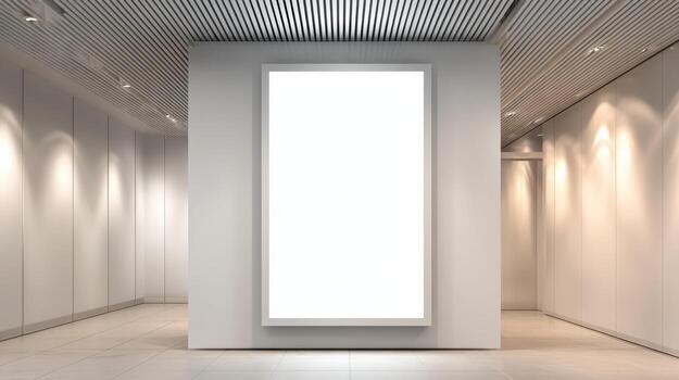 Modern Gallery Interior with Empty Frame Mockup on White Wall for Art Exhibition Display photo