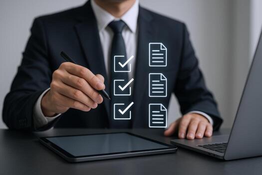 Digital Checklist Businessman Using Tablet and Stylus for Online Form Completion and Task Management photo