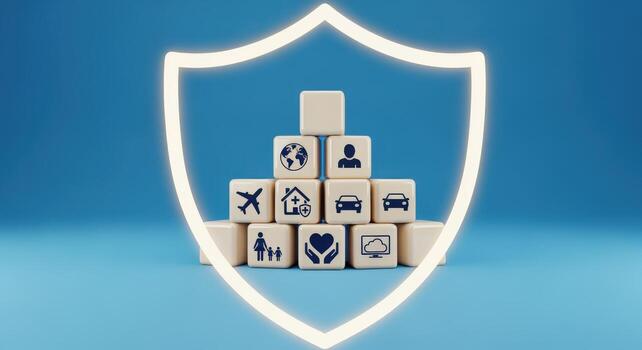 Concept of Security and Protection with Wooden Blocks and Shield Shape Outline on Blue Background photo