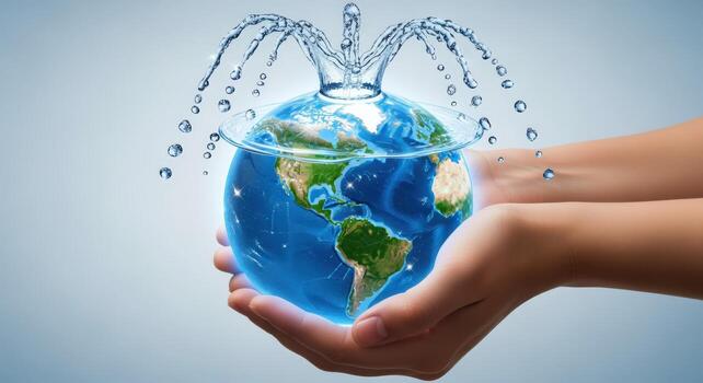 Earth Globe with Water Splashing and Hands Holding, Illustrating Water Resources, Conservation, and Global Responsibility photo