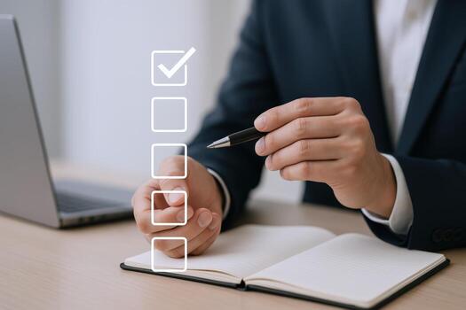Businessman Marking Checklist Boxes with Pen, Achieving Goals and Successfully Completing Tasks photo