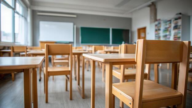 Empty Classroom with Wooden Desks and Chalkboard Ready for Students Learning Experience photo
