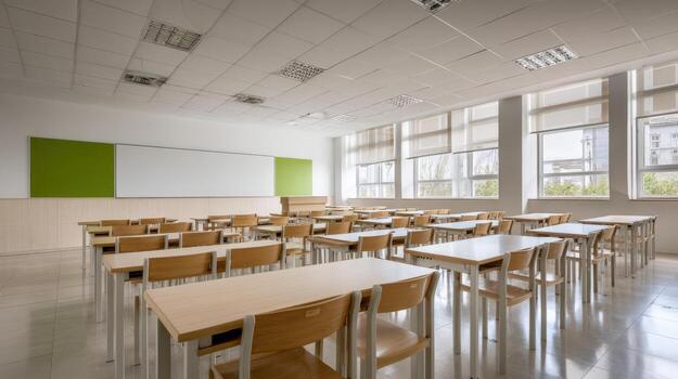 Bright Empty Classroom with Desks and Whiteboard Ready for Students and Learning, Education Concept photo
