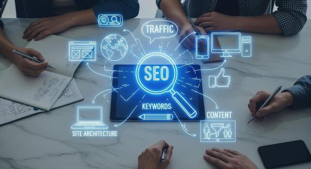 SEO Strategy Meeting Digital Marketing Team Brainstorming Optimization Techniques for Enhanced Online Visibility photo