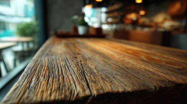 Rustic Wooden Tabletop in a Cafe with Blurred Background Perfect for Product Mockups and Menu Displays photo