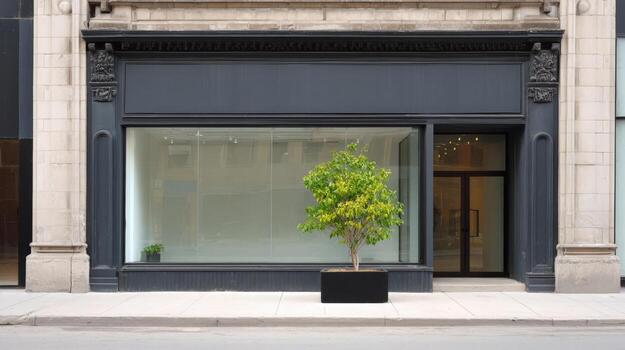 Storefront with Empty Window Display and a Small Tree in Front, Ready for Customization photo