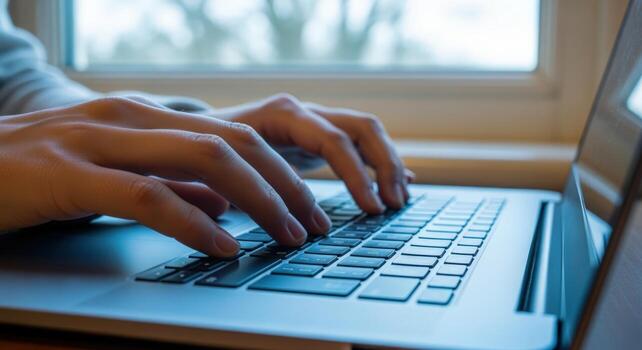 manos mecanografía en ordenador portátil teclado cerca ventana, remoto trabajo y comunicación concepto foto