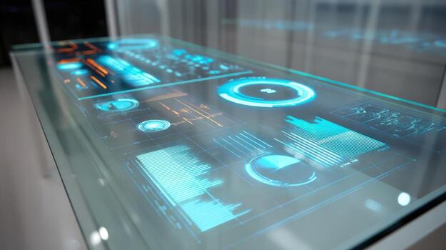 Interactive Transparent Glass Table Displaying Futuristic Data Visualization, Analytics, Charts and Graphs in a Minimalist Office photo