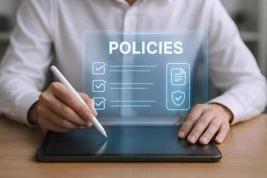 Policies and procedures review on digital tablet with pen by professional in business attire photo