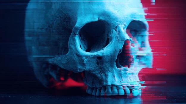 Human Skull Artistic Render with Glitch Effect, Dark and Moody Tones for Halloween and Macabre Designs photo